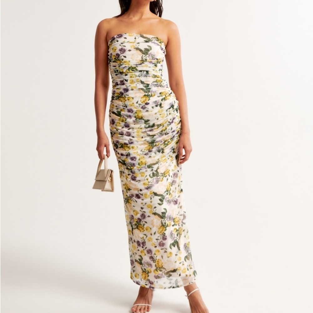 Abercrombie and fitch Mesh Strapless Ruched Maxi Dress